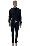 Black Euramerican Women Solid Color Long Sleeve Split Pants Sets KXL862-1
