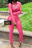 Pink Women PU Leather Long Sleeve Pure Color Cardigan Pencil Pants Sets LD8226-2