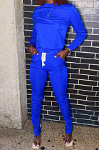 Peacock Blue Euramerican Women Solid Color Long Sleeve Split Pants Sets KXL862-4