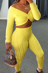 Yellow Women Kink Tops Solid Color V Collar Sweater Pants Sets MA6610-4