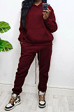 Black Women Autumn Winter Wool Hooded Fleece Solid Color Casual Sport Pants Sets MR2127-1