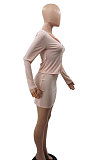 Pink Euramerican Women Sexy Double Zipper Pure Color Short Skirts Sets QMX1015-1