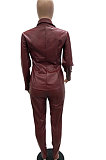 Pink Women PU Leather Long Sleeve Pure Color Cardigan Pencil Pants Sets LD8226-2