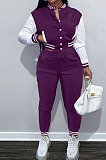 Purple Wholesale Sport Spliced Long Sleeve Single-Breasted Jacket Coat Pantaloons Casual Sets FH176-6