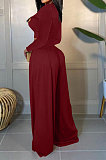 Wine Red Women Solid Color Long Sleeve Hollow Out Casual Pants Sets GB8036-3