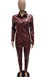 Black Women PU Leather Long Sleeve Pure Color Cardigan Pencil Pants Sets LD8226-1