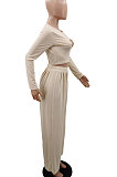Apricot Women Solid Color Long Sleeve Hollow Out Casual Pants Sets GB8036-2