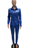 Royal Blue Women PU Leather Long Sleeve Pure Color Cardigan Pencil Pants Sets LD8226-4