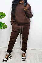 Coffee Women Autumn Winter Wool Hooded Fleece Solid Color Casual Sport Pants Sets MR2127-2