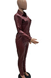 Wine Red Women PU Leather Long Sleeve Pure Color Cardigan Pencil Pants Sets LD8226-5