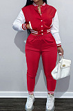 Rose Red Wholesale Sport Spliced Long Sleeve Single-Breasted Jacket Coat Pantaloons Casual Sets FH176-2