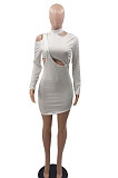 White Women Long Sleeve Sexy Solid Color Single Strap Dew Waist Hollow Out Mini Dress QMX1018-1