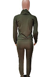 Army Green Women Pullover Fleece Half Turtle Neck Irregular Pants Sets LD8483-4