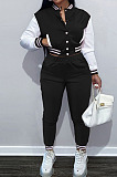 Black Wholesale Sport Spliced Long Sleeve Single-Breasted Jacket Coat Pantaloons Casual Sets FH176-3