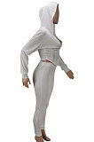 White Women Pure Color Sexy Hooded Zipper Irregular Pants Sets KXL861-1