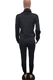 Black Women Pullover Fleece Half Turtle Neck Irregular Pants Sets LD8483-2