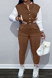 Coffee Wholesale Sport Spliced Long Sleeve Single-Breasted Jacket Coat Pantaloons Casual Sets FH176-7