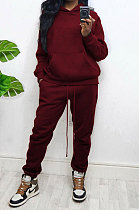 Wine Red Women Autumn Winter Wool Hooded Fleece Solid Color Casual Sport Pants Sets MR2127-4