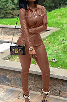 Coffee Women PU Leather Long Sleeve Pure Color Cardigan Pencil Pants Sets LD8226-3