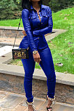 Royal Blue Women PU Leather Long Sleeve Pure Color Cardigan Pencil Pants Sets LD8226-4