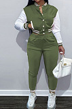 Army Green Wholesale Sport Spliced Long Sleeve Single-Breasted Jacket Coat Pantaloons Casual Sets FH176-8