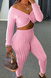 Black Women Kink Tops Solid Color V Collar Sweater Pants Sets MA6610-1