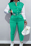 Mint Green Wholesale Sport Spliced Long Sleeve Single-Breasted Jacket Coat Pantaloons Casual Sets FH176-9