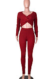Apricot Women Kink Tops Solid Color V Collar Sweater Pants Sets MA6610-6