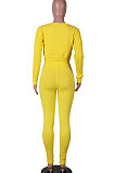 Yellow Women Kink Tops Solid Color V Collar Sweater Pants Sets MA6610-4