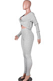 Gray Women Kink Tops Solid Color V Collar Sweater Pants Sets MA6610-3