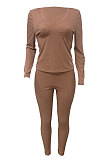 Coffee Autumn Winter Women Long Sleeve Pure Color Ruffle Round Collar Tight Pants Sets LD81054-1