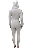 White Women Pure Color Sexy Hooded Zipper Irregular Pants Sets KXL861-1