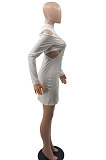 White Women Long Sleeve Sexy Solid Color Single Strap Dew Waist Hollow Out Mini Dress QMX1018-1