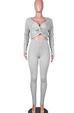 Apricot Women Kink Tops Solid Color V Collar Sweater Pants Sets MA6610-6