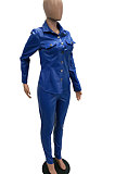 Coffee Women PU Leather Long Sleeve Pure Color Cardigan Pencil Pants Sets LD8226-3
