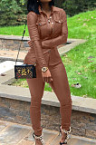 Black Women PU Leather Long Sleeve Pure Color Cardigan Pencil Pants Sets LD8226-1