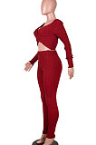 Red Women Kink Tops Solid Color V Collar Sweater Pants Sets MA6610-2