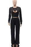Black Women Solid Color Long Sleeve Hollow Out Casual Pants Sets GB8036-1