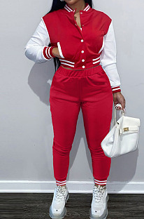Red Wholesale Sport Spliced Long Sleeve Single-Breasted Jacket Coat Pantaloons Casual Sets FH176-1