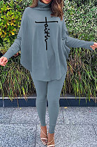Gray Women Fashion Casual Letters Printing Batwing Sleeve Split Split Ribber Pants Sets MR2126-3