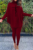 Rose Red Women Fashion Casual Letters Printing Batwing Sleeve Split Split Ribber Pants Sets MR2126-5