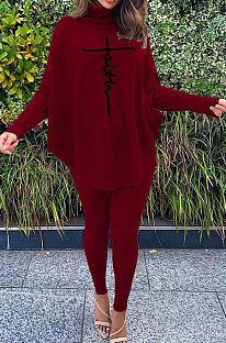 Wine Red Women Fashion Casual Letters Printing Batwing Sleeve Split Split Ribber Pants Sets MR2126-7