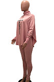 Pink Women Fashion Casual Letters Printing Batwing Sleeve Split Split Ribber Pants Sets MR2126-1