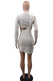 Black Women Long Sleeve Sexy Solid Color Single Strap Dew Waist Hollow Out Mini Dress QMX1018-2
