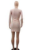 Black Euramerican Women Sexy Double Zipper Pure Color Short Skirts Sets QMX1015-2