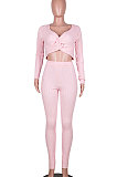 Pink Women Kink Tops Solid Color V Collar Sweater Pants Sets MA6610-5