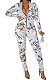 White Euramerican Women Autumn Winter Sexy Butterfly Printing Round Collar Zipper Bodycon Jumpsuits PY0837