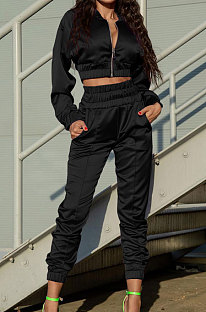 Black Casual Quality Long Sleeve Zip Front Coat High Waist Ankle Banded Pants Solid Color Sport Sets HHM6529-3