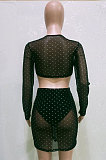 Black Sexy Mesh See-Through Hot Stamping Long Sleeve Bandage Strapless Hip Skirts Fashion Sets BN9306