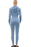 Blue Euramerican Women Hooded Drawsting Crop Solid Color Bodycon Casual Pants Sets AYQ08021-1